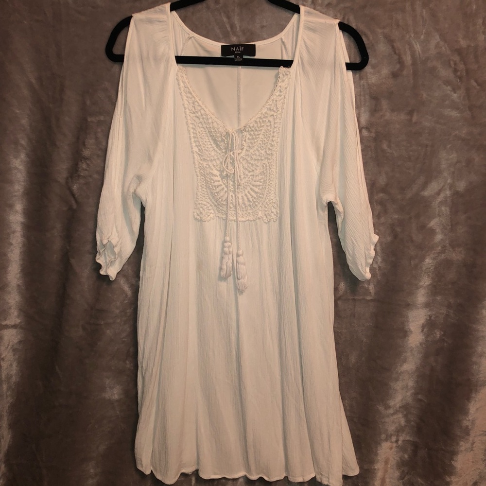 White Boho Embroidered Cold Shoulder Dress